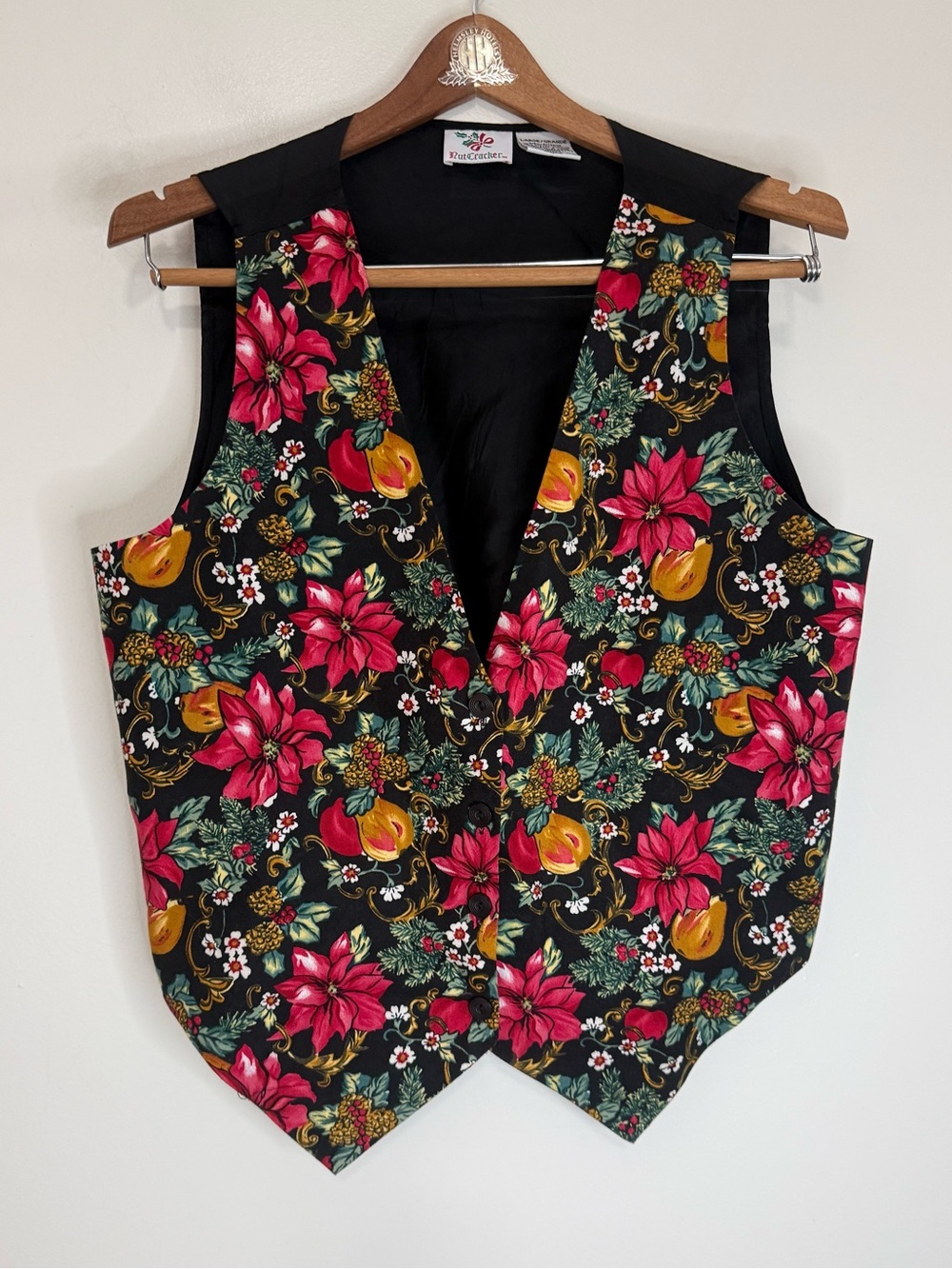 Nutcracker vintage Festive Floral Vest - Black with Red & Gold size large
